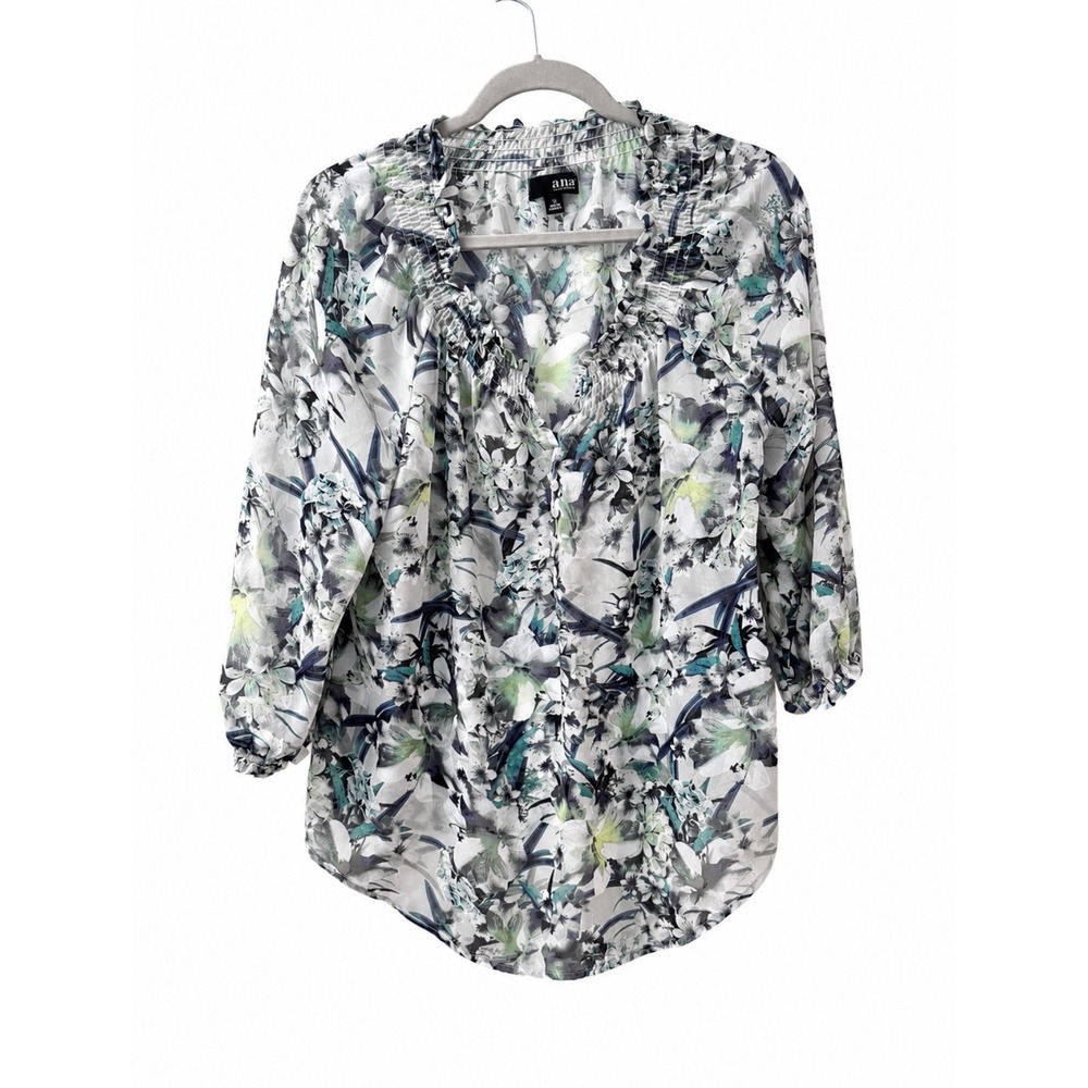 ANA Women Floral Overlay Blouse XL V-Neck 3/4 Sleeve Sheer Blue Green B-0395